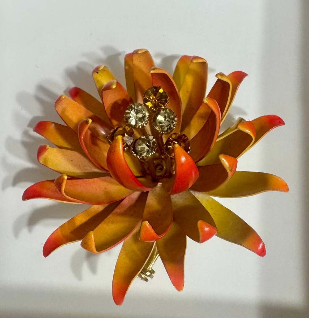 Vintage Coro Enamel Flower Brooch with Rhinestone Center